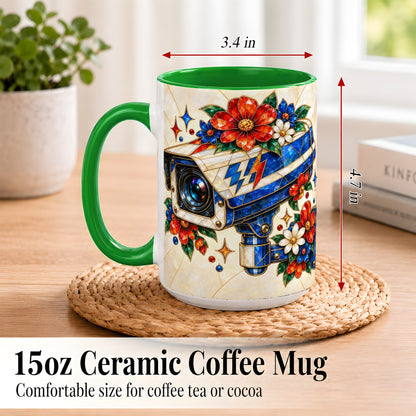 #pl[15oz|Green] Stained Glass Floral Camera Coffee Mug, Surveillance Mug, Ceramic Cup