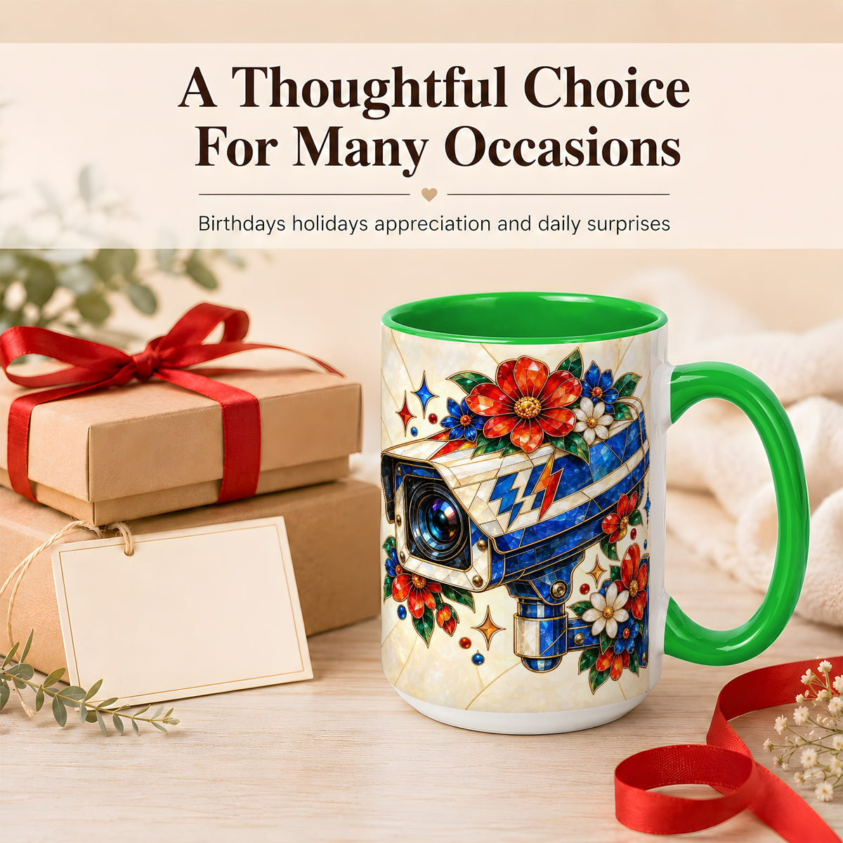 #pl[15oz|Green] Stained Glass Floral Camera Coffee Mug, Surveillance Mug, Ceramic Cup