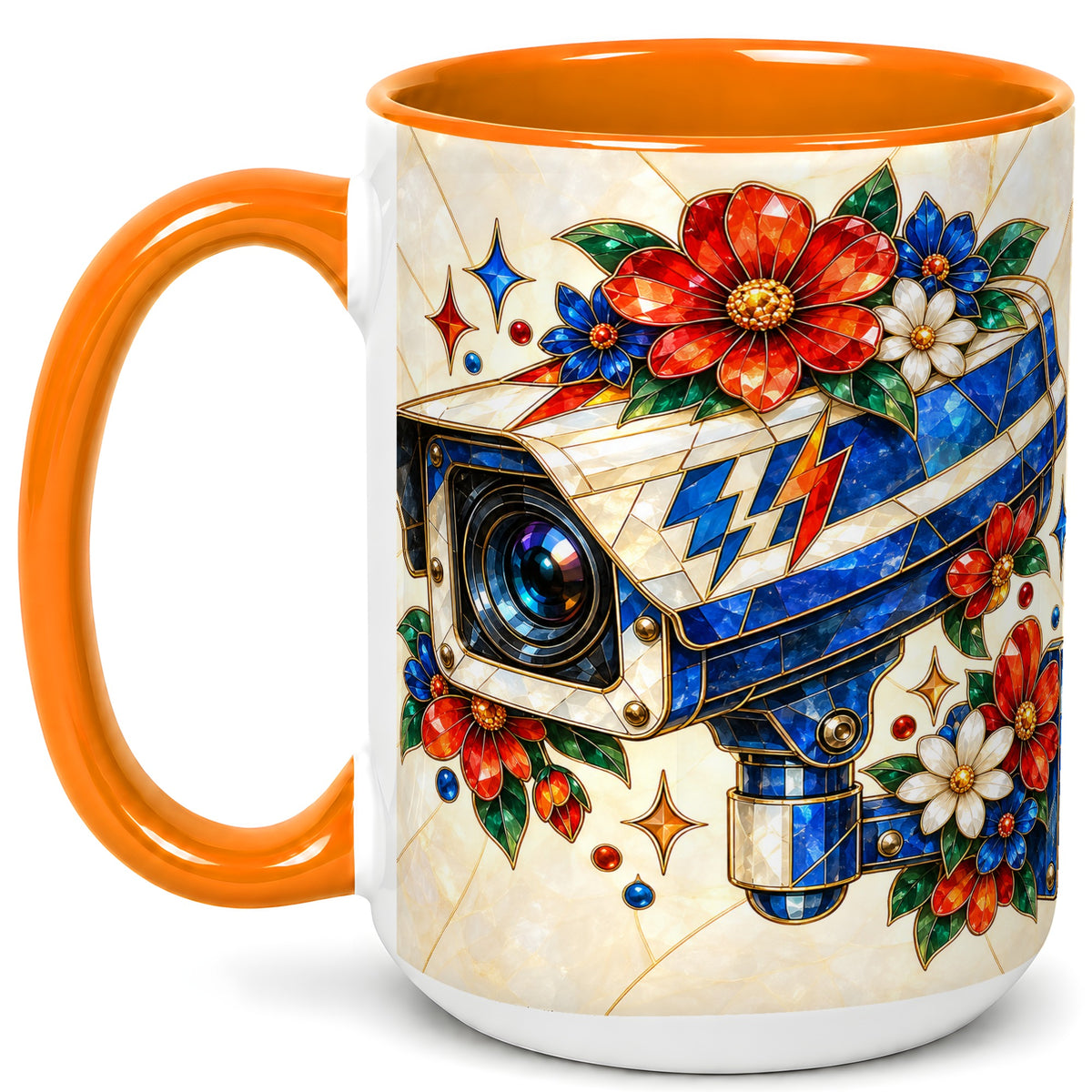 #pl[15oz|Orange] Stained Glass Floral Camera Coffee Mug, Surveillance Mug, Ceramic Cup