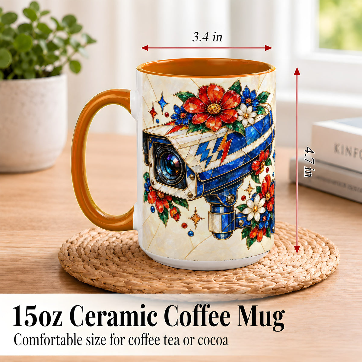 #pl[15oz|Orange] Stained Glass Floral Camera Coffee Mug, Surveillance Mug, Ceramic Cup
