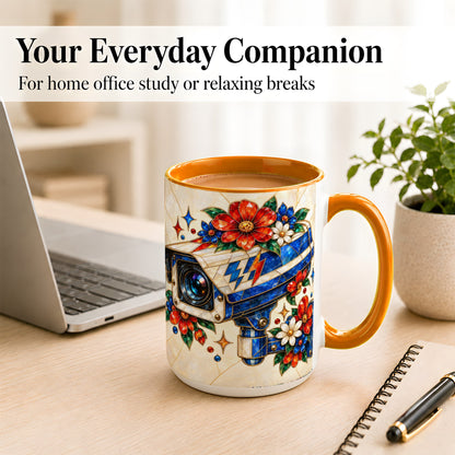 #pl[15oz|Orange] Stained Glass Floral Camera Coffee Mug, Surveillance Mug, Ceramic Cup