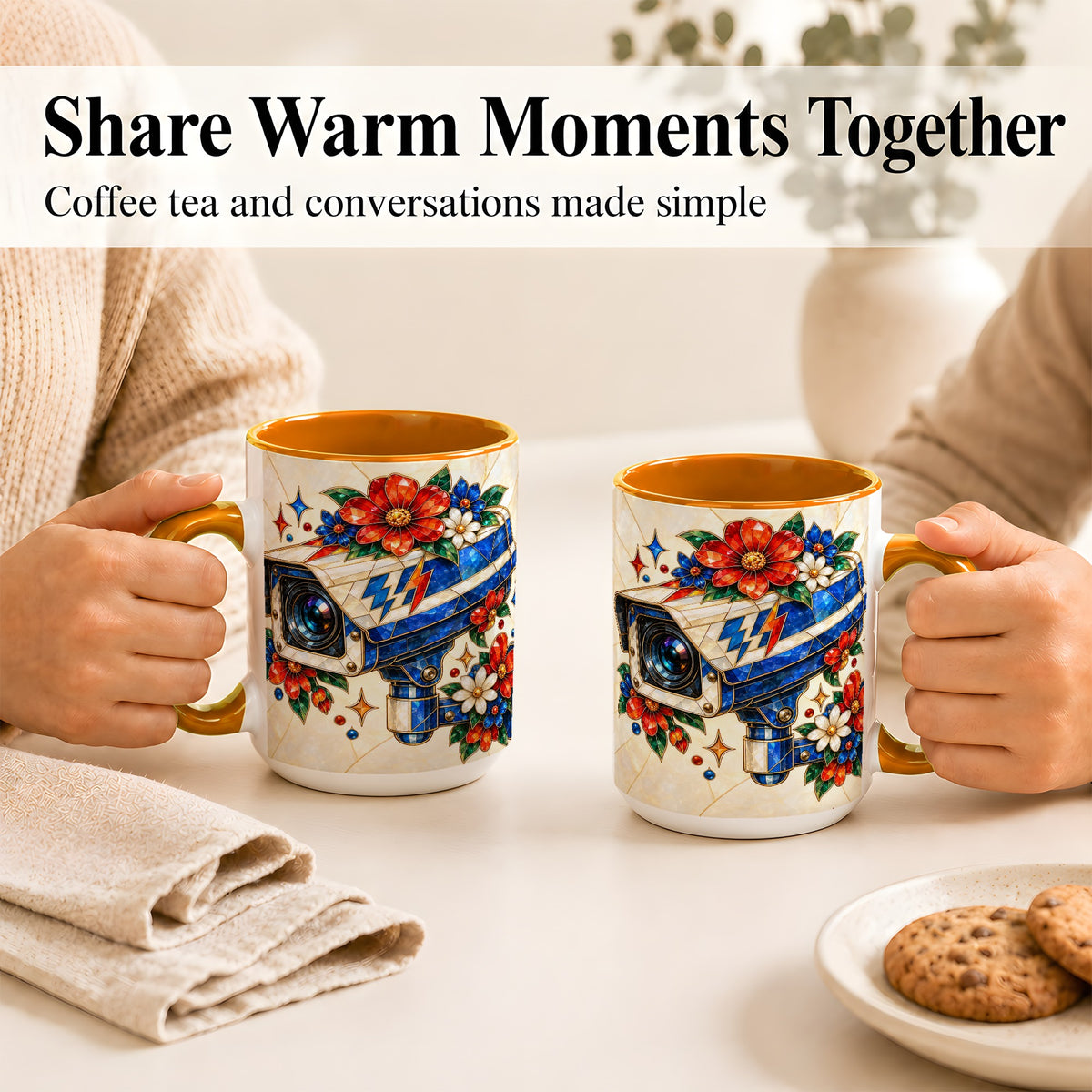 #pl[15oz|Orange] Stained Glass Floral Camera Coffee Mug, Surveillance Mug, Ceramic Cup