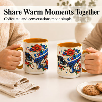 #pl[15oz|Orange] Stained Glass Floral Camera Coffee Mug, Surveillance Mug, Ceramic Cup