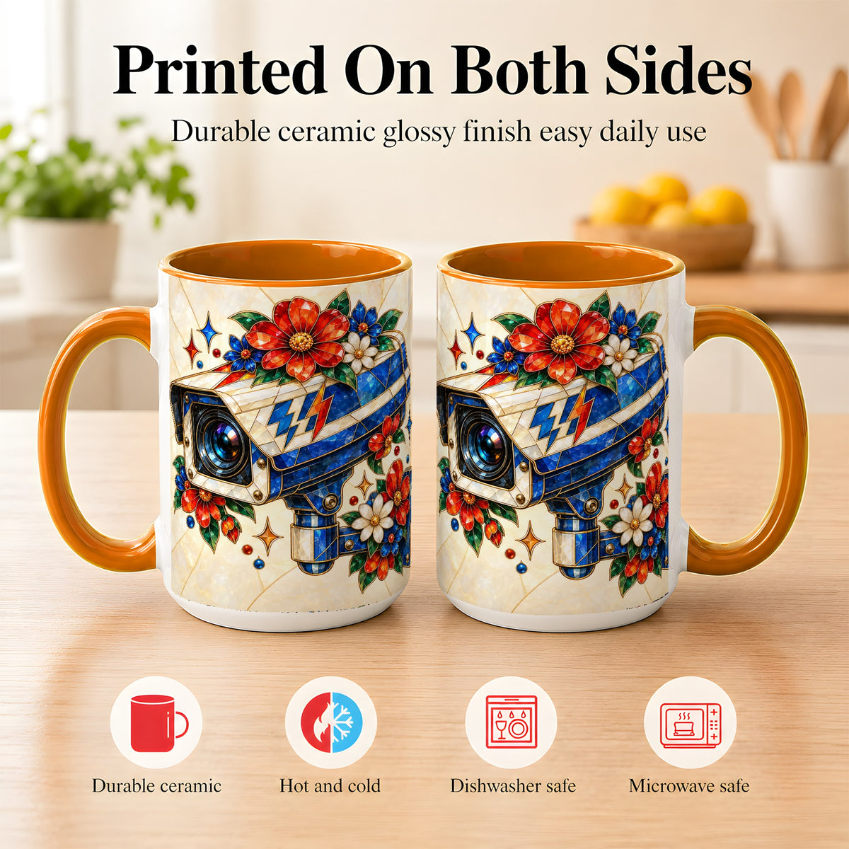 #pl[15oz|Orange] Stained Glass Floral Camera Coffee Mug, Surveillance Mug, Ceramic Cup