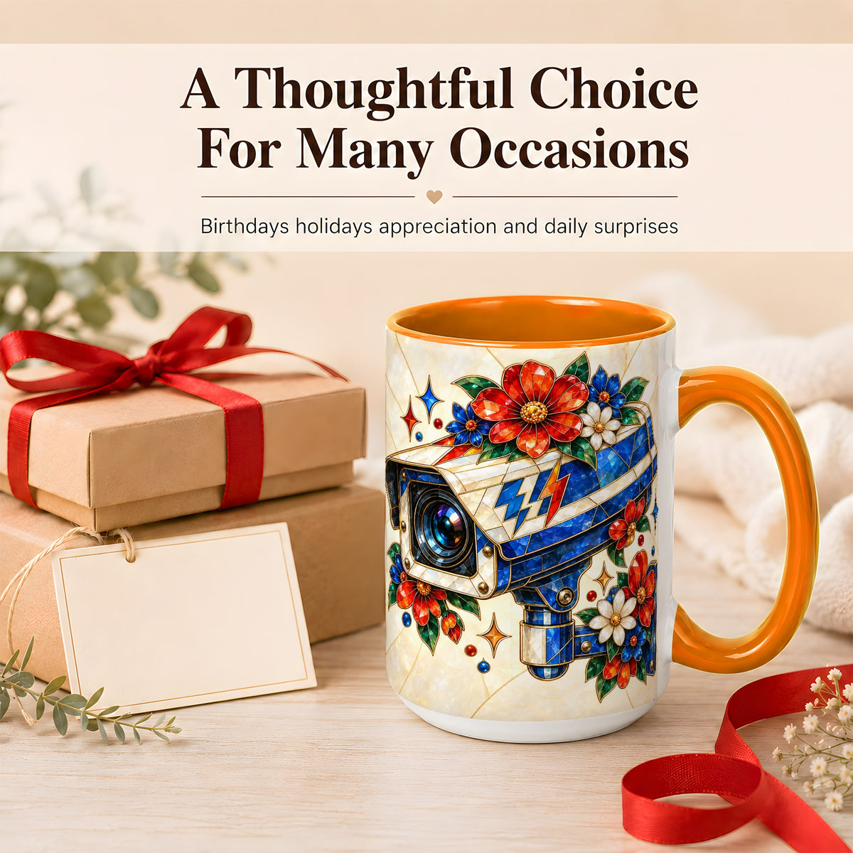 #pl[15oz|Orange] Stained Glass Floral Camera Coffee Mug, Surveillance Mug, Ceramic Cup