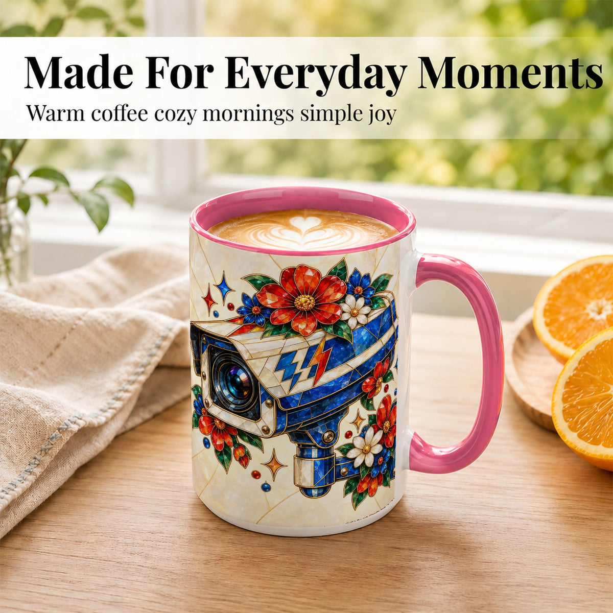 #pl[15oz|Pink] Stained Glass Floral Camera Coffee Mug, Surveillance Mug, Ceramic Cup