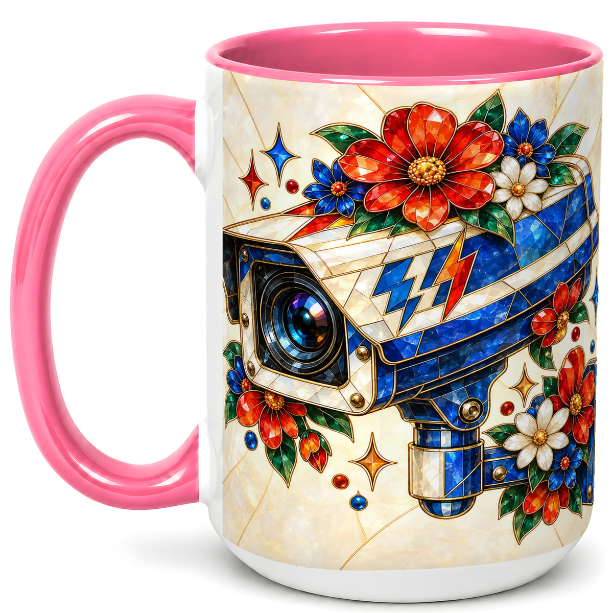 #pl[15oz|Pink] Stained Glass Floral Camera Coffee Mug, Surveillance Mug, Ceramic Cup
