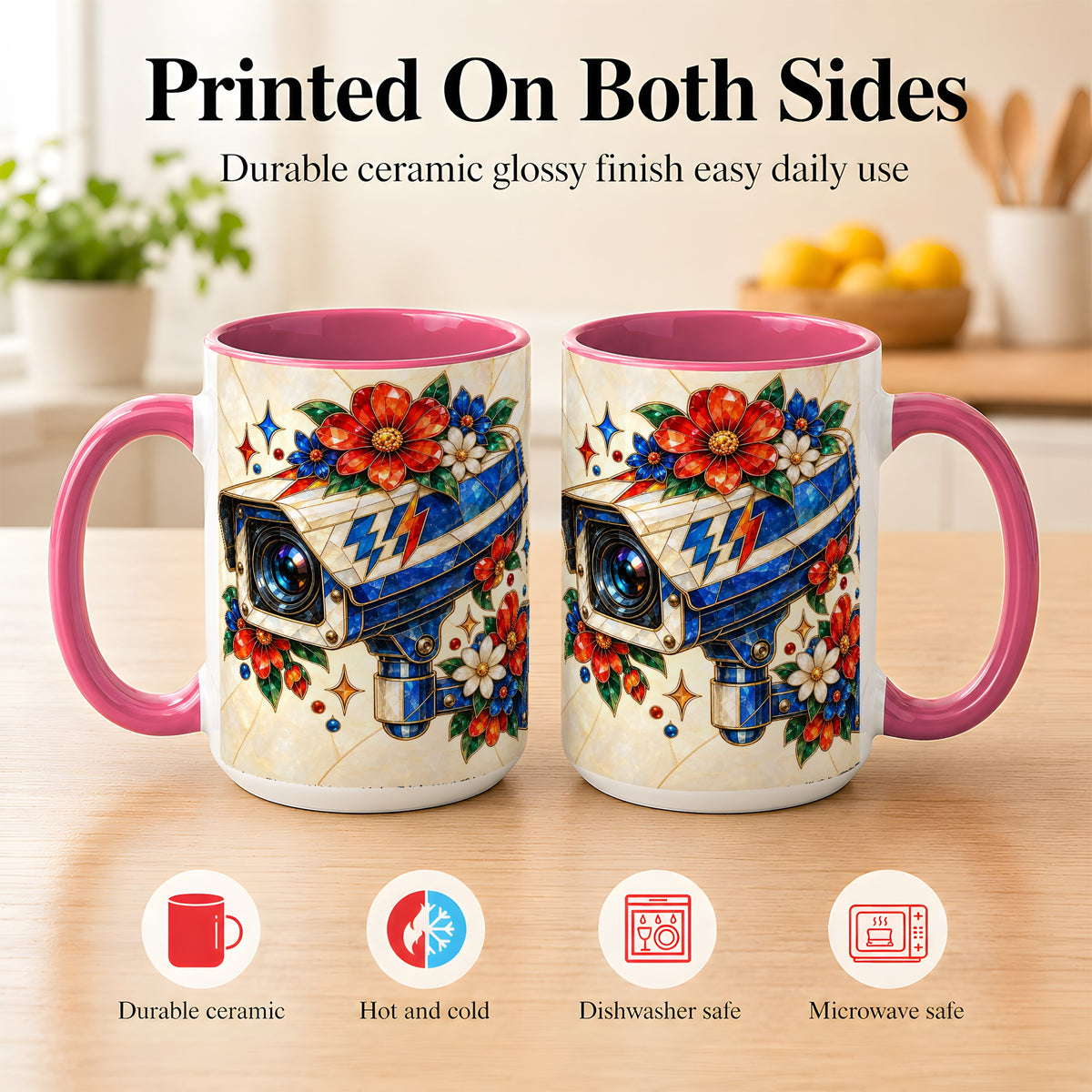 #pl[15oz|Pink] Stained Glass Floral Camera Coffee Mug, Surveillance Mug, Ceramic Cup
