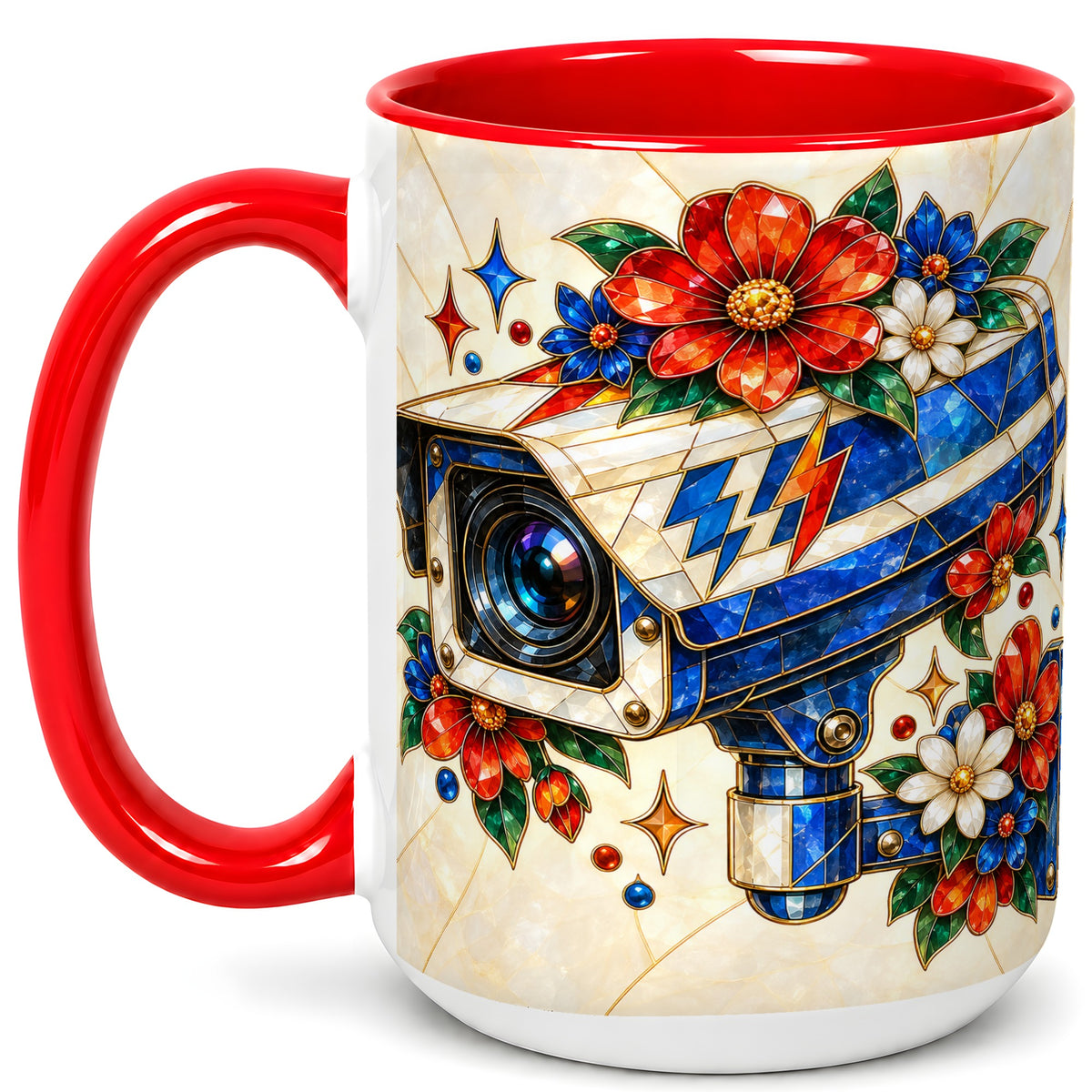 #pl[15oz|Red] Stained Glass Floral Camera Coffee Mug, Surveillance Mug, Ceramic Cup