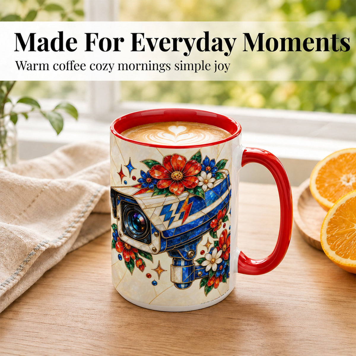 #pl[15oz|Red] Stained Glass Floral Camera Coffee Mug, Surveillance Mug, Ceramic Cup