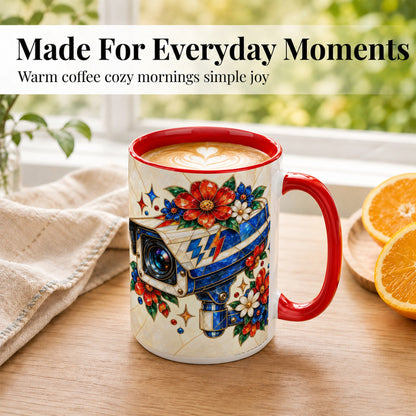 #pl[15oz|Red] Stained Glass Floral Camera Coffee Mug, Surveillance Mug, Ceramic Cup