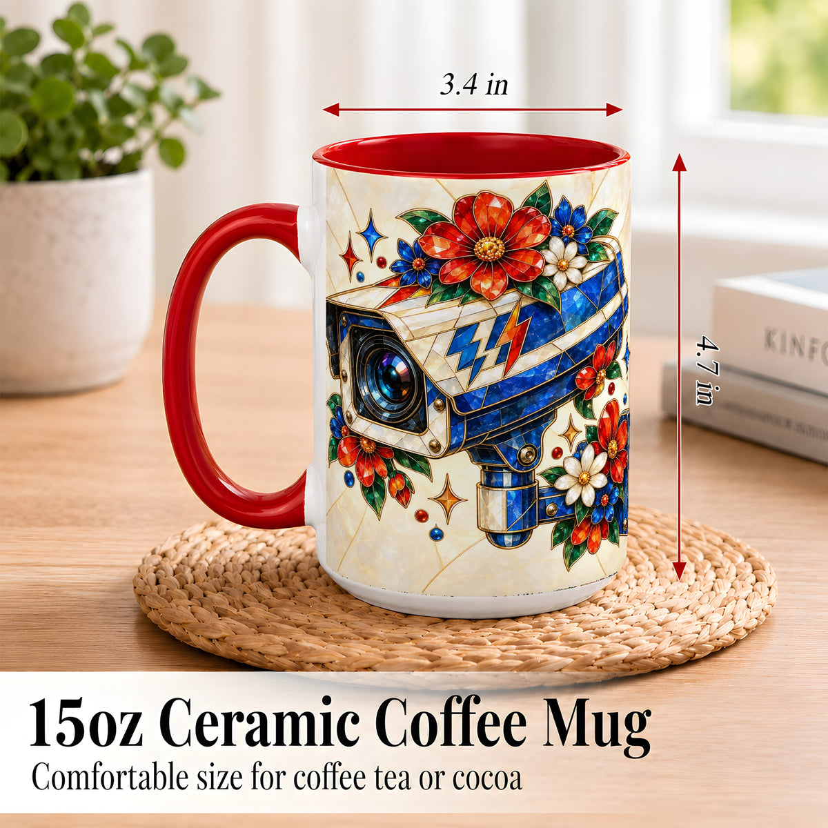 #pl[15oz|Red] Stained Glass Floral Camera Coffee Mug, Surveillance Mug, Ceramic Cup