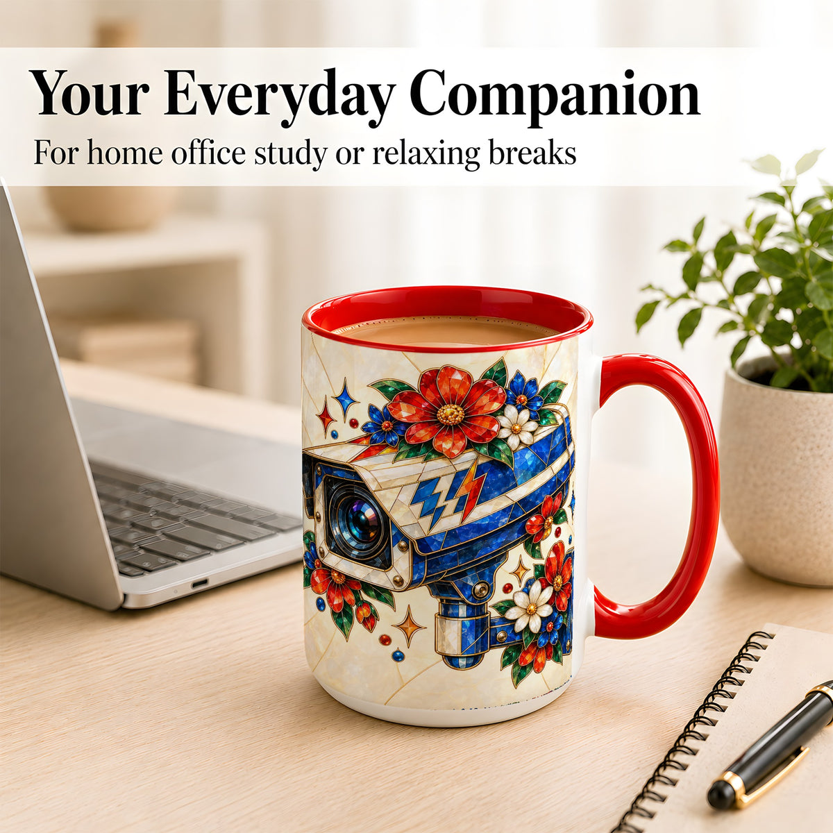 #pl[15oz|Red] Stained Glass Floral Camera Coffee Mug, Surveillance Mug, Ceramic Cup
