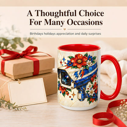#pl[15oz|Red] Stained Glass Floral Camera Coffee Mug, Surveillance Mug, Ceramic Cup