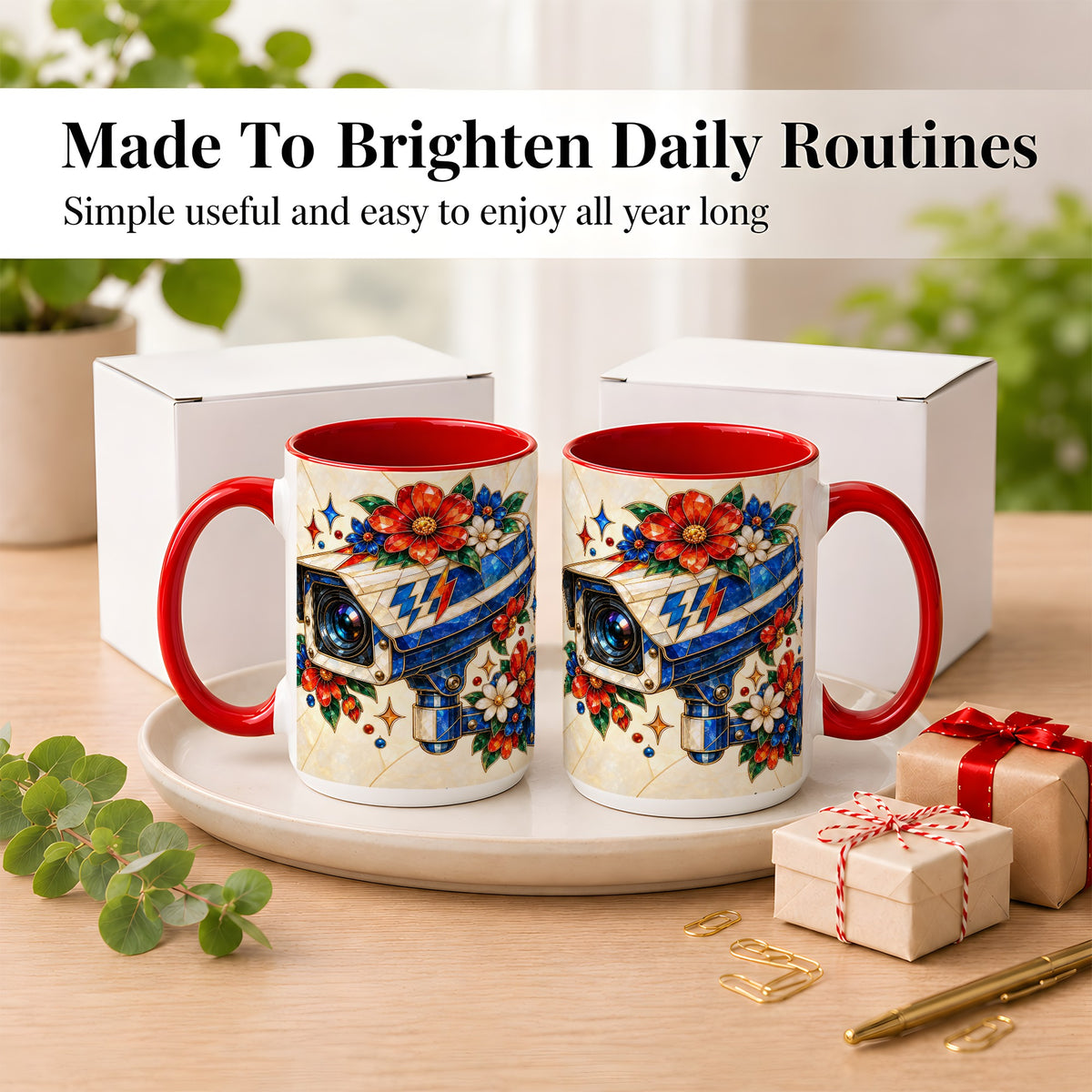 #pl[15oz|Red] Stained Glass Floral Camera Coffee Mug, Surveillance Mug, Ceramic Cup