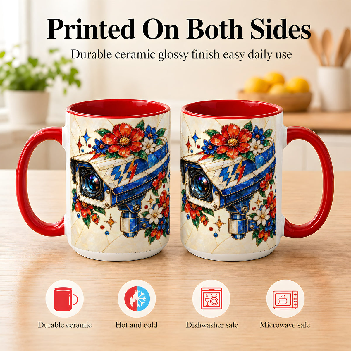 #pl[15oz|Red] Stained Glass Floral Camera Coffee Mug, Surveillance Mug, Ceramic Cup
