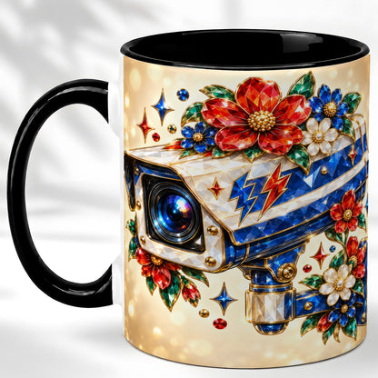 #pl[11oz|Black] Jeweled Floral Camera Coffee Mug, Surveillance Art Mug, Ceramic Cup