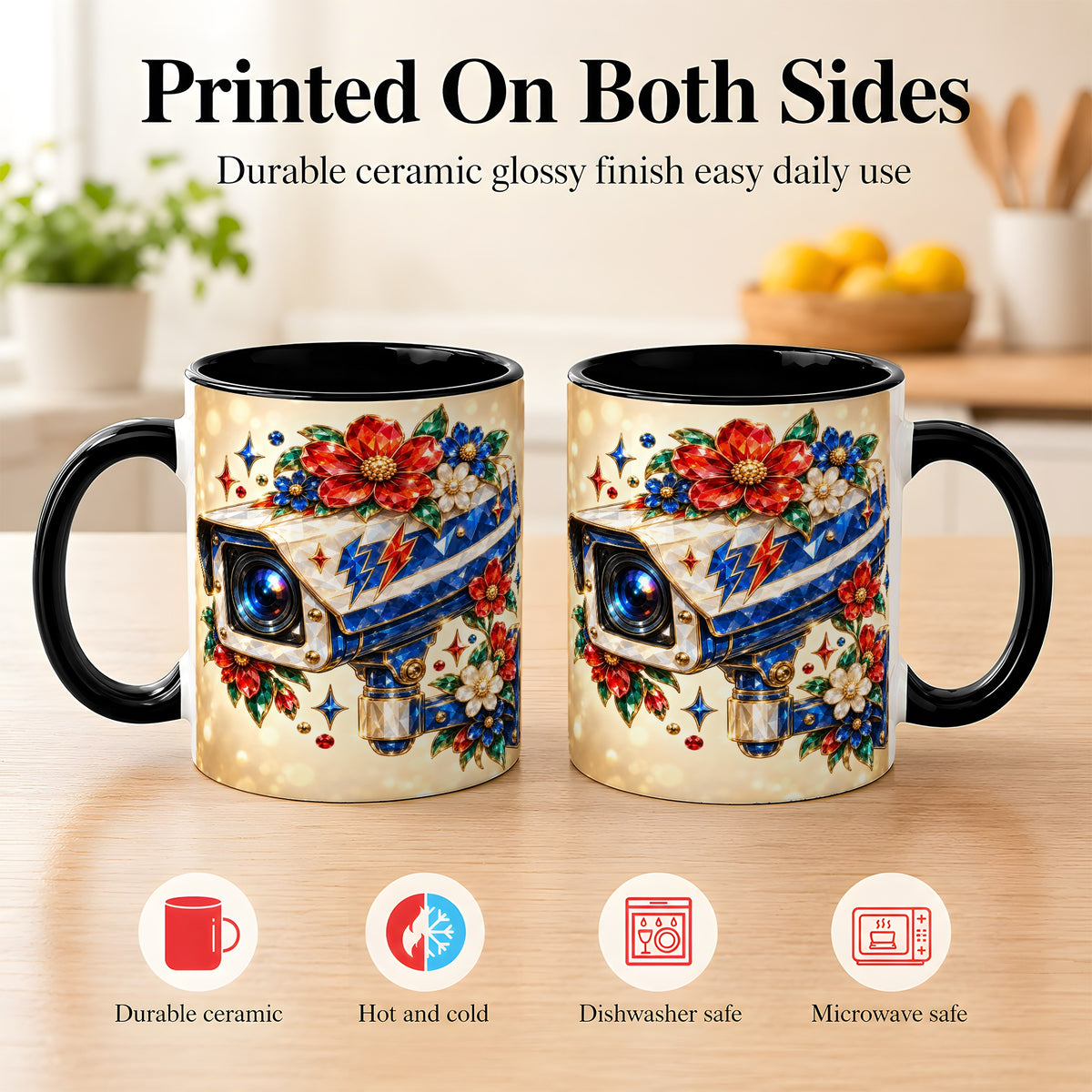 #pl[11oz|Black] Jeweled Floral Camera Coffee Mug, Surveillance Art Mug, Ceramic Cup