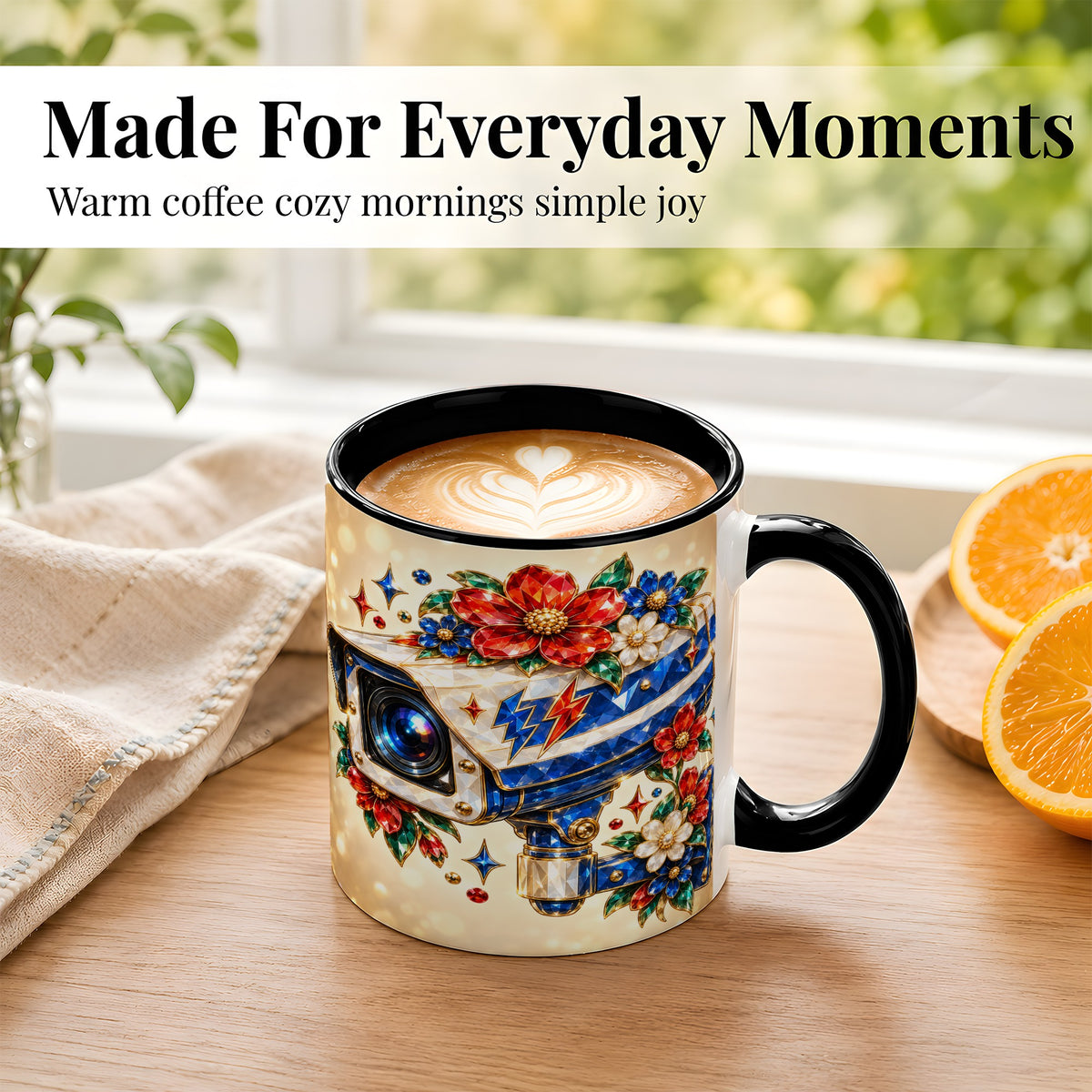 #pl[11oz|Black] Jeweled Floral Camera Coffee Mug, Surveillance Art Mug, Ceramic Cup