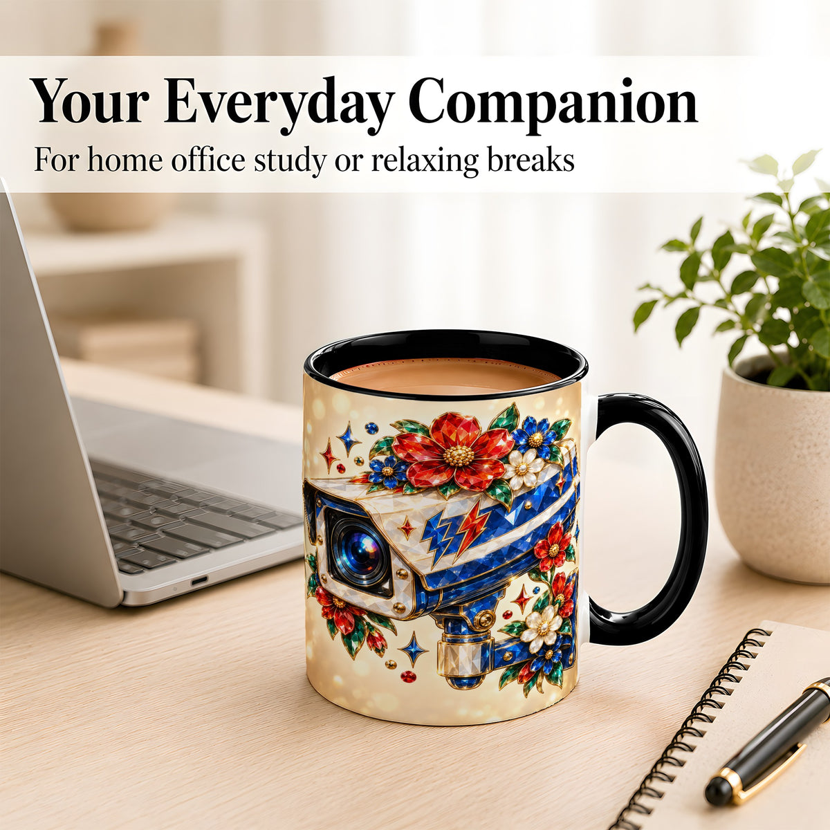 #pl[11oz|Black] Jeweled Floral Camera Coffee Mug, Surveillance Art Mug, Ceramic Cup