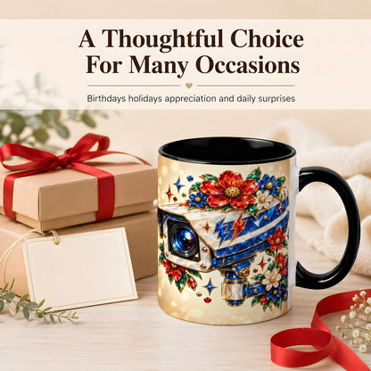 #pl[11oz|Black] Jeweled Floral Camera Coffee Mug, Surveillance Art Mug, Ceramic Cup