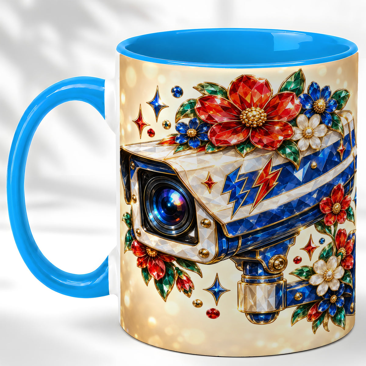#pl[11oz|Blue] Jeweled Floral Camera Coffee Mug, Surveillance Art Mug, Ceramic Cup