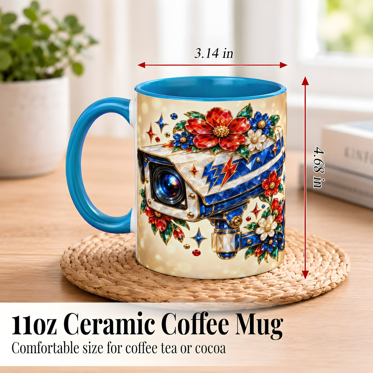 #pl[11oz|Blue] Jeweled Floral Camera Coffee Mug, Surveillance Art Mug, Ceramic Cup
