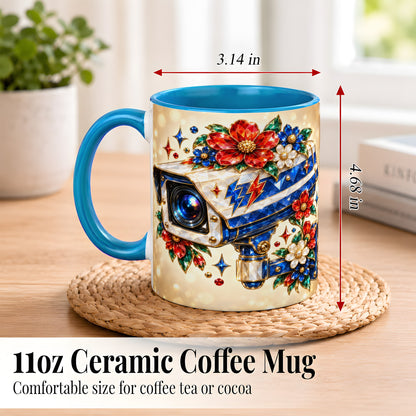 #pl[11oz|Blue] Jeweled Floral Camera Coffee Mug, Surveillance Art Mug, Ceramic Cup