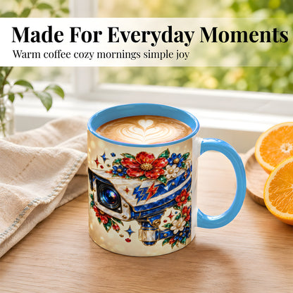 #pl[11oz|Blue] Jeweled Floral Camera Coffee Mug, Surveillance Art Mug, Ceramic Cup