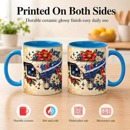 #pl[11oz|Blue] Jeweled Floral Camera Coffee Mug, Surveillance Art Mug, Ceramic Cup