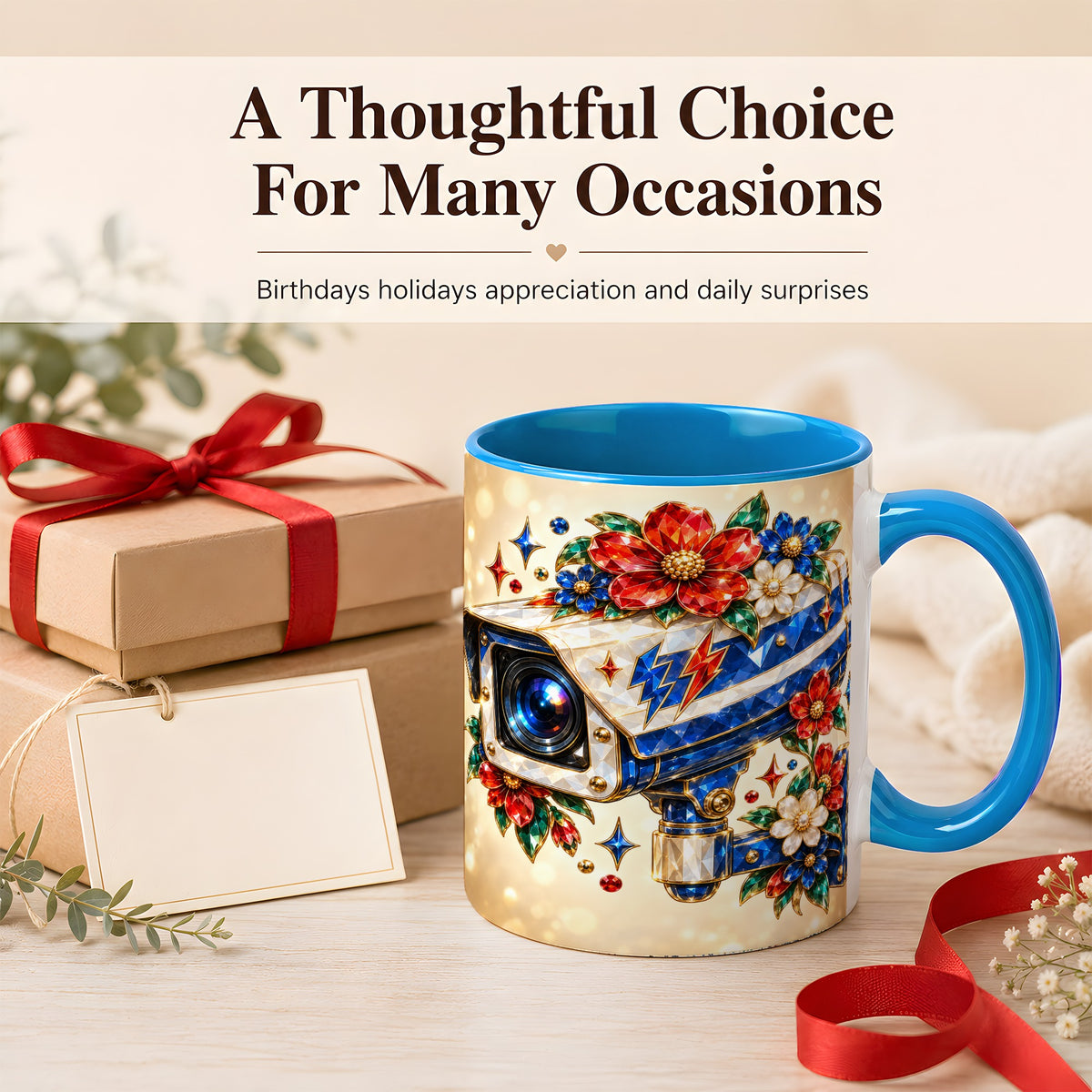 #pl[11oz|Blue] Jeweled Floral Camera Coffee Mug, Surveillance Art Mug, Ceramic Cup