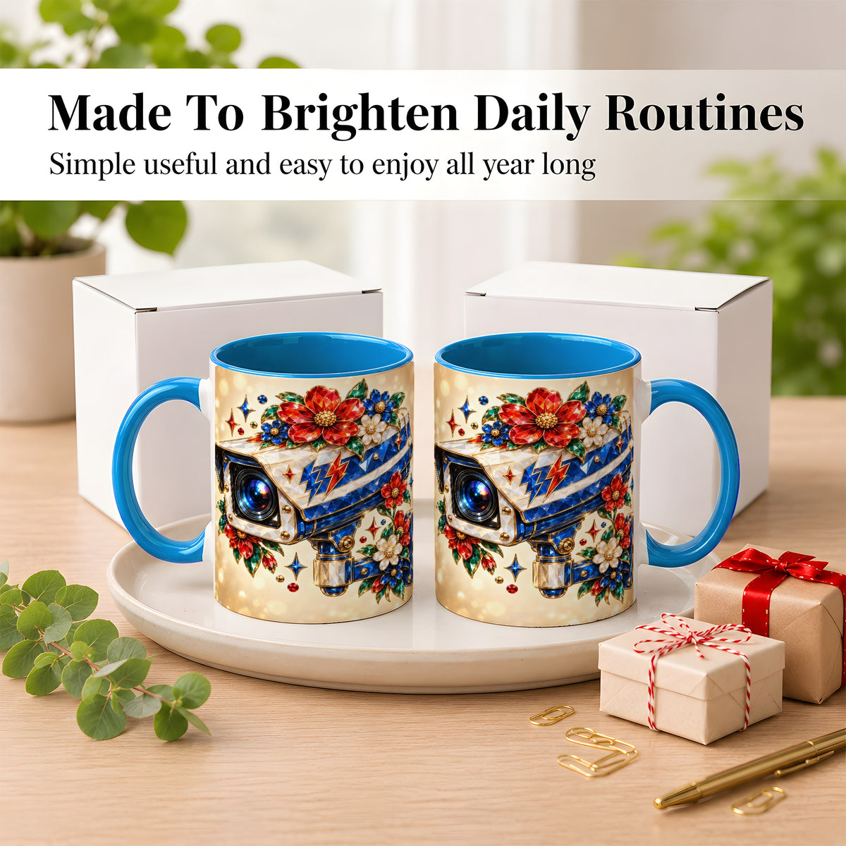 #pl[11oz|Blue] Jeweled Floral Camera Coffee Mug, Surveillance Art Mug, Ceramic Cup