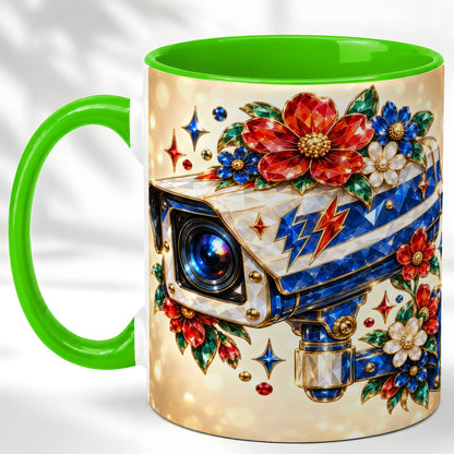 #pl[11oz|Green] Jeweled Floral Camera Coffee Mug, Surveillance Art Mug, Ceramic Cup