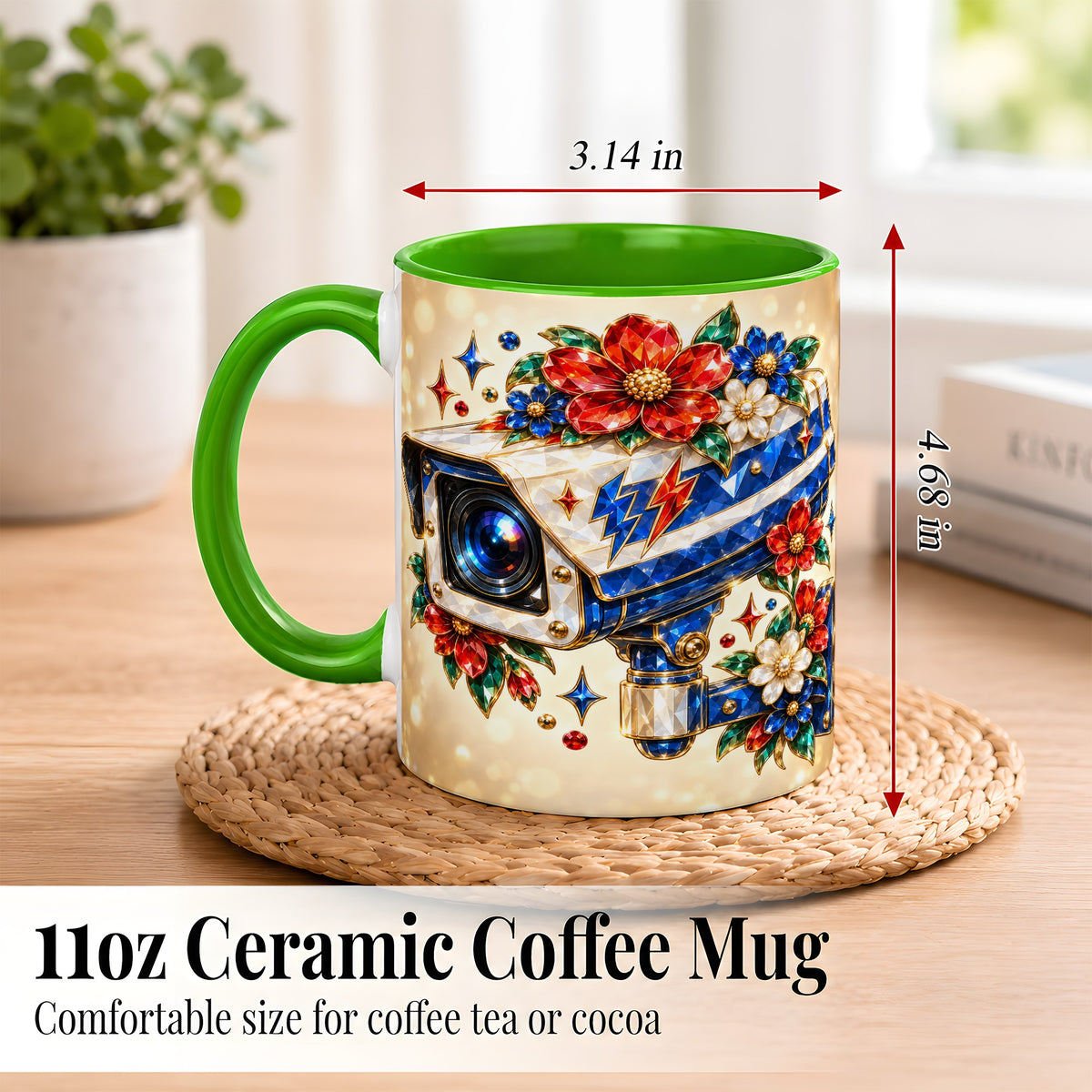#pl[11oz|Green] Jeweled Floral Camera Coffee Mug, Surveillance Art Mug, Ceramic Cup