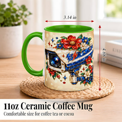 #pl[11oz|Green] Jeweled Floral Camera Coffee Mug, Surveillance Art Mug, Ceramic Cup