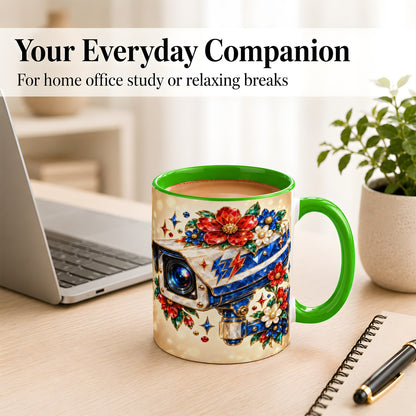 #pl[11oz|Green] Jeweled Floral Camera Coffee Mug, Surveillance Art Mug, Ceramic Cup