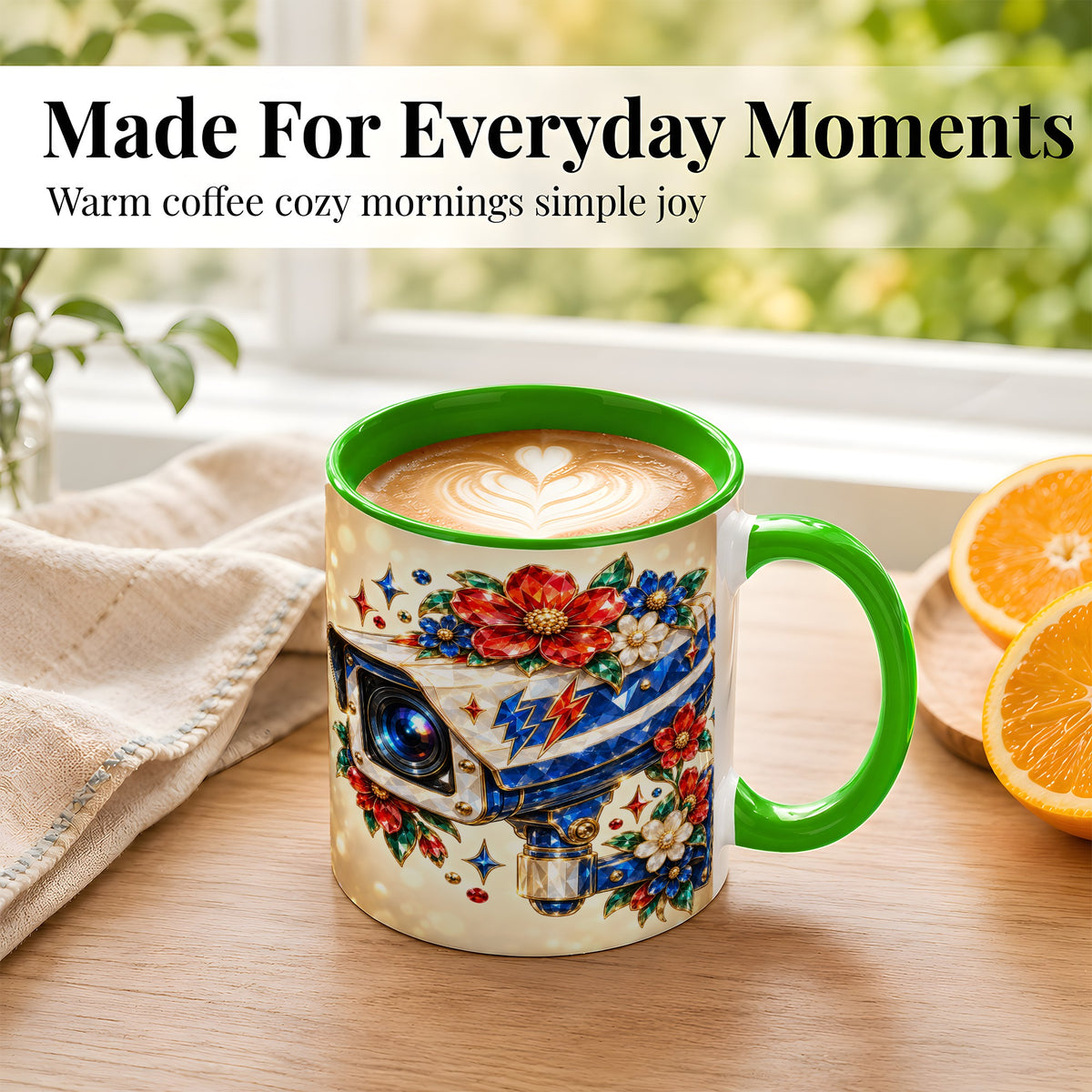 #pl[11oz|Green] Jeweled Floral Camera Coffee Mug, Surveillance Art Mug, Ceramic Cup