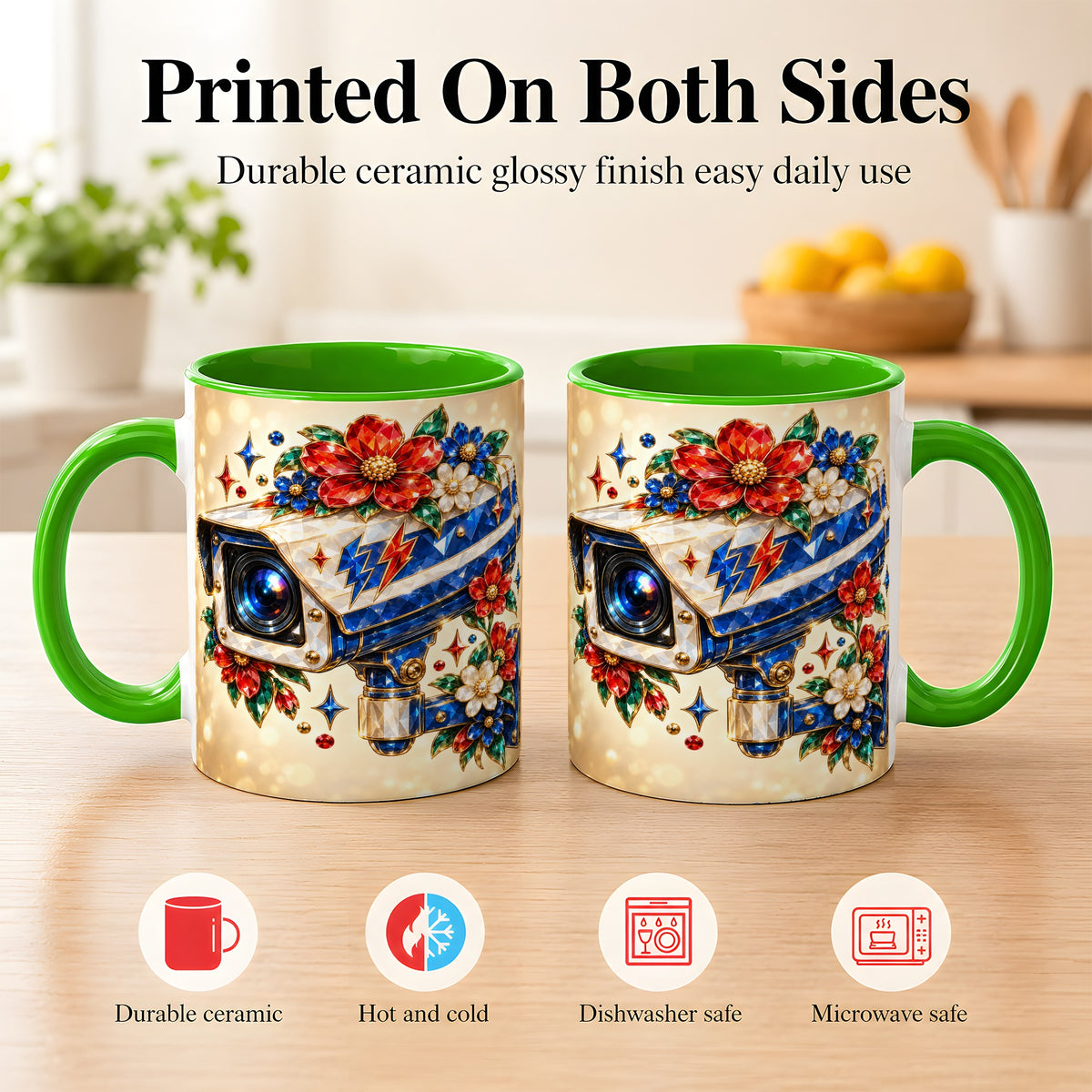 #pl[11oz|Green] Jeweled Floral Camera Coffee Mug, Surveillance Art Mug, Ceramic Cup