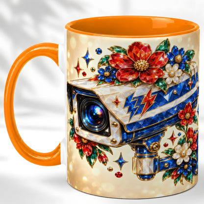 #pl[11oz|Orange] Jeweled Floral Camera Coffee Mug, Surveillance Art Mug, Ceramic Cup