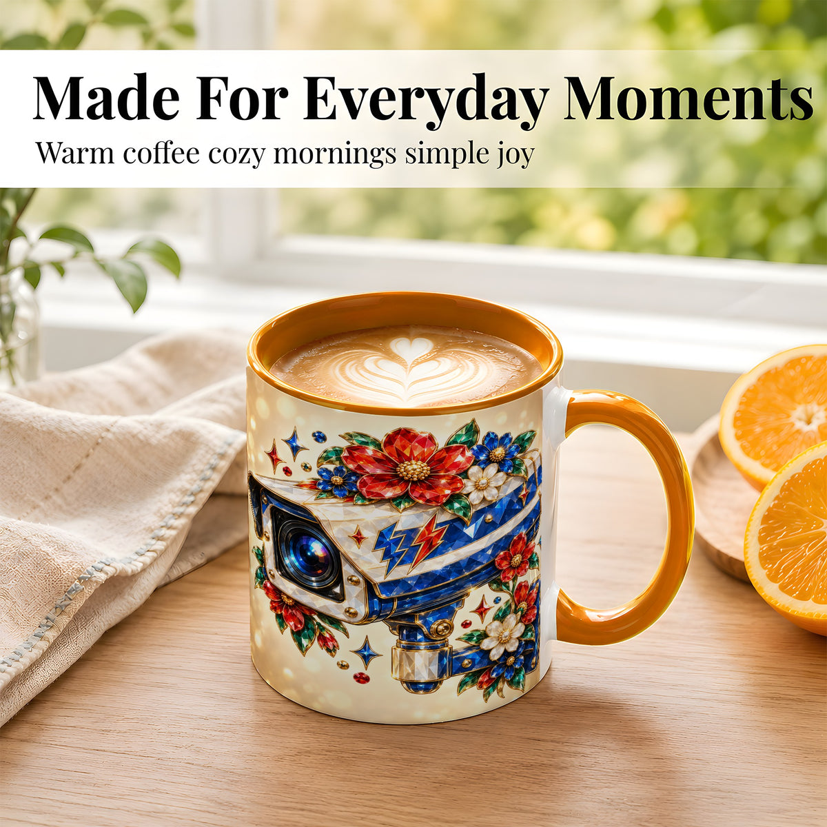 #pl[11oz|Orange] Jeweled Floral Camera Coffee Mug, Surveillance Art Mug, Ceramic Cup