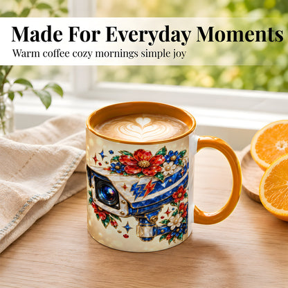#pl[11oz|Orange] Jeweled Floral Camera Coffee Mug, Surveillance Art Mug, Ceramic Cup