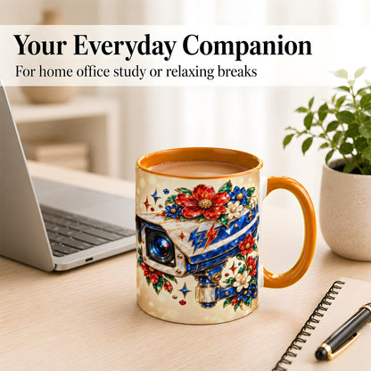 #pl[11oz|Orange] Jeweled Floral Camera Coffee Mug, Surveillance Art Mug, Ceramic Cup