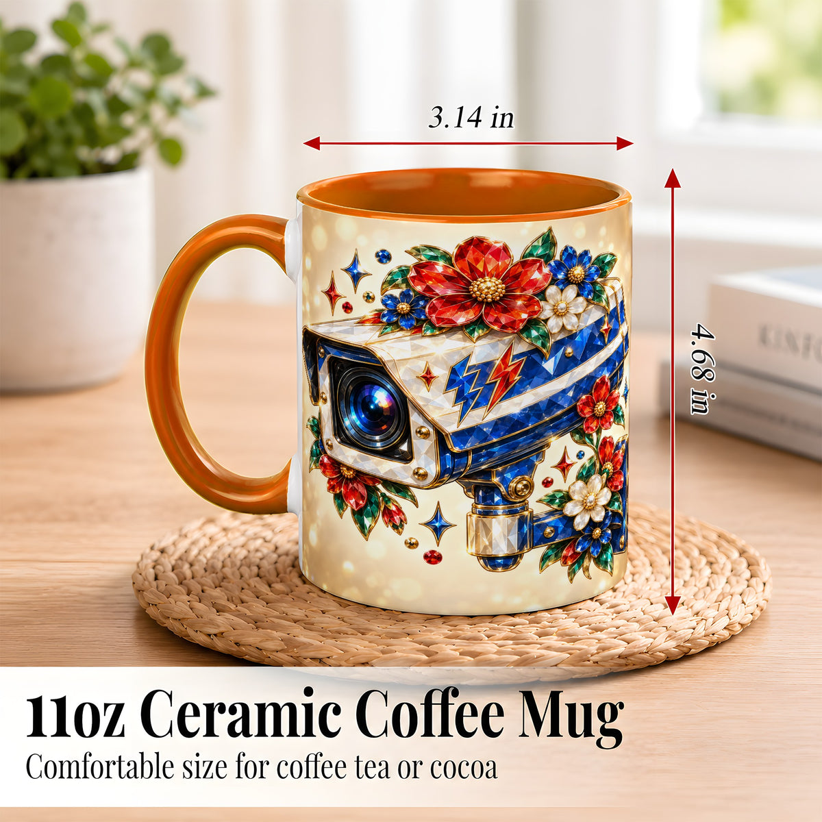 #pl[11oz|Orange] Jeweled Floral Camera Coffee Mug, Surveillance Art Mug, Ceramic Cup
