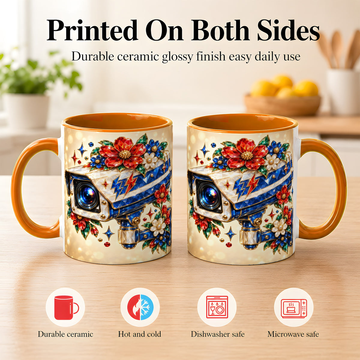 #pl[11oz|Orange] Jeweled Floral Camera Coffee Mug, Surveillance Art Mug, Ceramic Cup