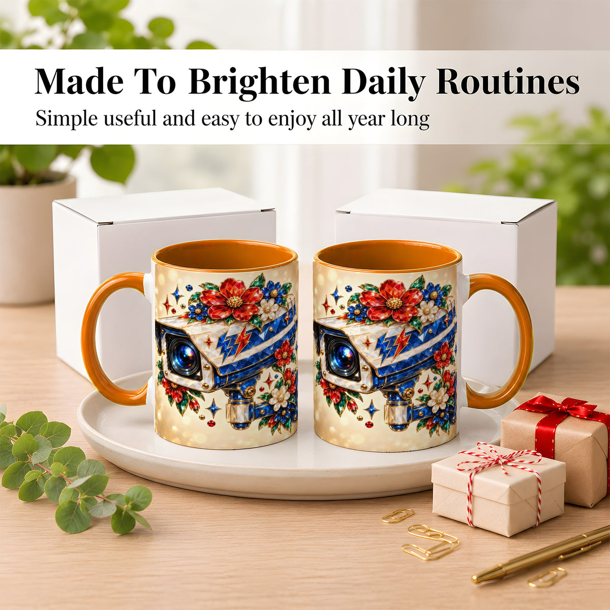 #pl[11oz|Orange] Jeweled Floral Camera Coffee Mug, Surveillance Art Mug, Ceramic Cup