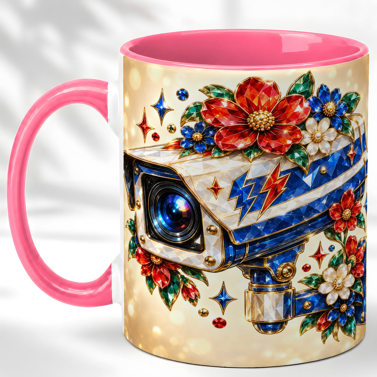#pl[11oz|Pink] Jeweled Floral Camera Coffee Mug, Surveillance Art Mug, Ceramic Cup