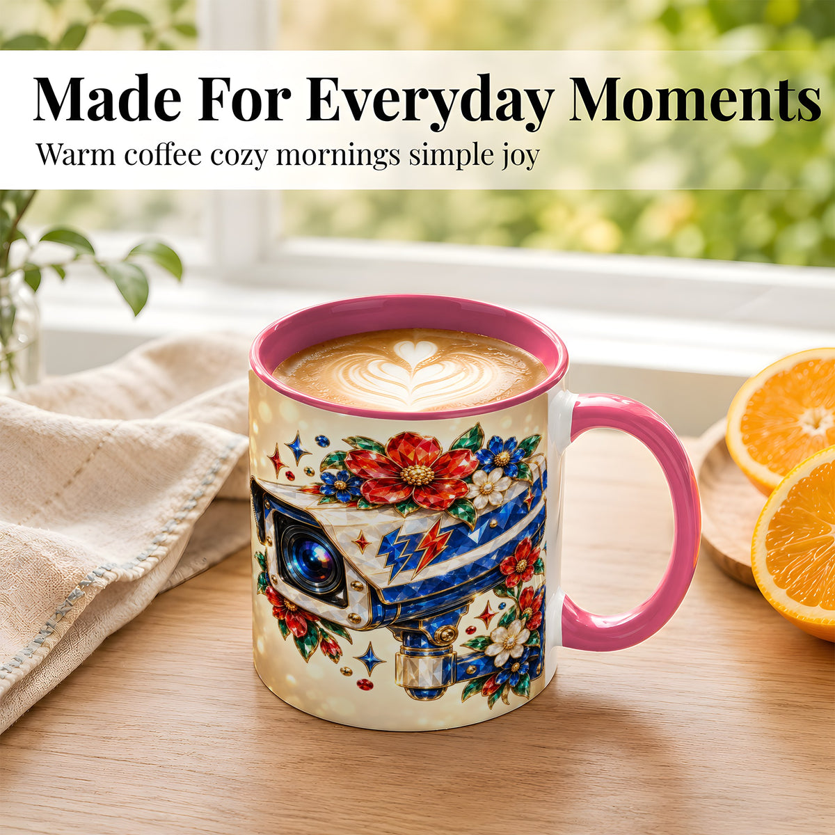 #pl[11oz|Pink] Jeweled Floral Camera Coffee Mug, Surveillance Art Mug, Ceramic Cup