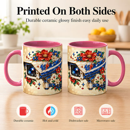 #pl[11oz|Pink] Jeweled Floral Camera Coffee Mug, Surveillance Art Mug, Ceramic Cup