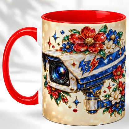 Jeweled Floral Camera Coffee Mug, Surveillance Art Mug, Ceramic Cup