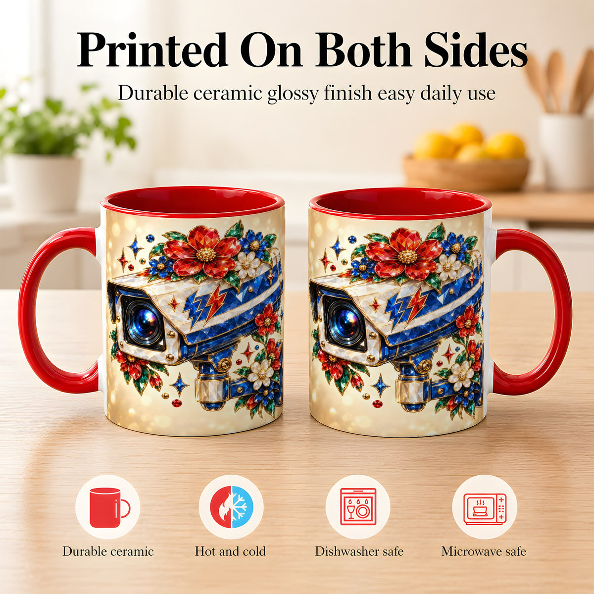 #pl[11oz|Red] Jeweled Floral Camera Coffee Mug, Surveillance Art Mug, Ceramic Cup